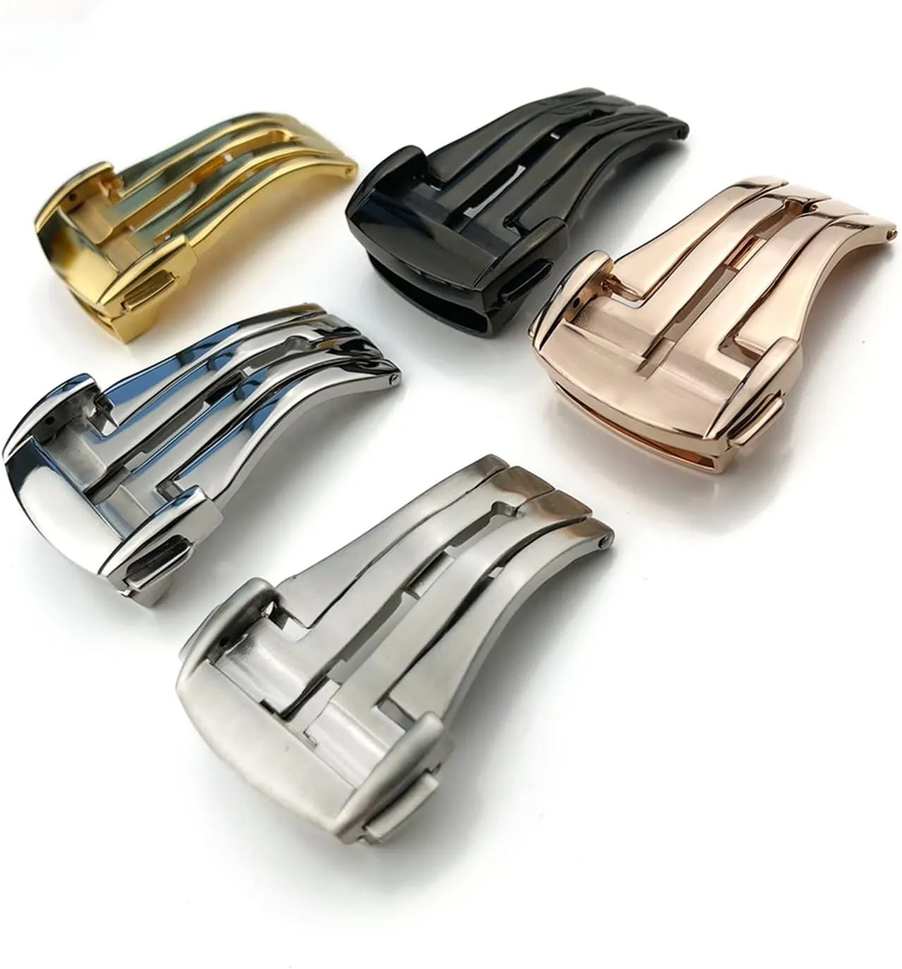 Stainless Steel Watch Bands Buckle Compatible With Omg Watch Strap Butterfly Clasp Use On Leather Rubber Watchband 14mm 16mm 18mm 20mm Black Watch clasp
