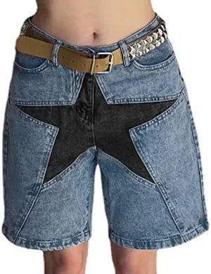 Star Patchwork Denim Shorts Mid Rise Long Jean Shorts Jorts Y2k Baggy Vintage Grunge Harajuku Streetwear