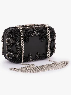 Stone Embellished Box Clutch In Genuine leather