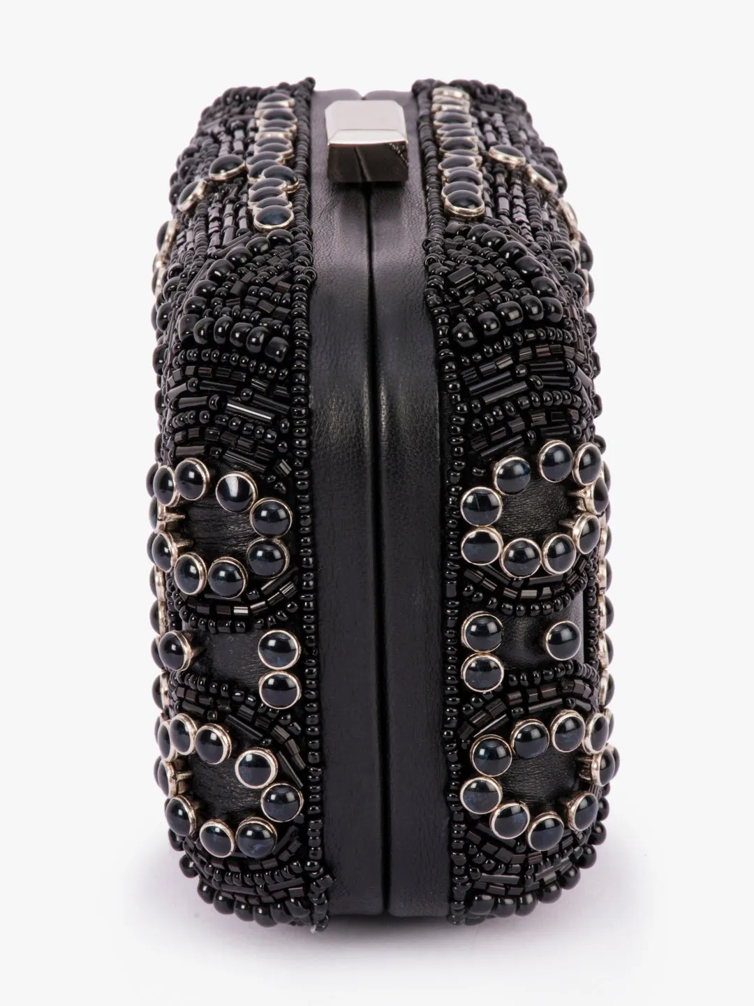 Stone Embellished Box Clutch In Genuine leather