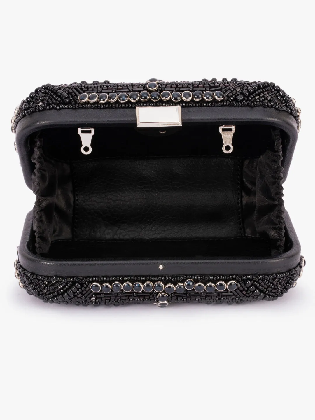 Stone Embellished Box Clutch In Genuine leather