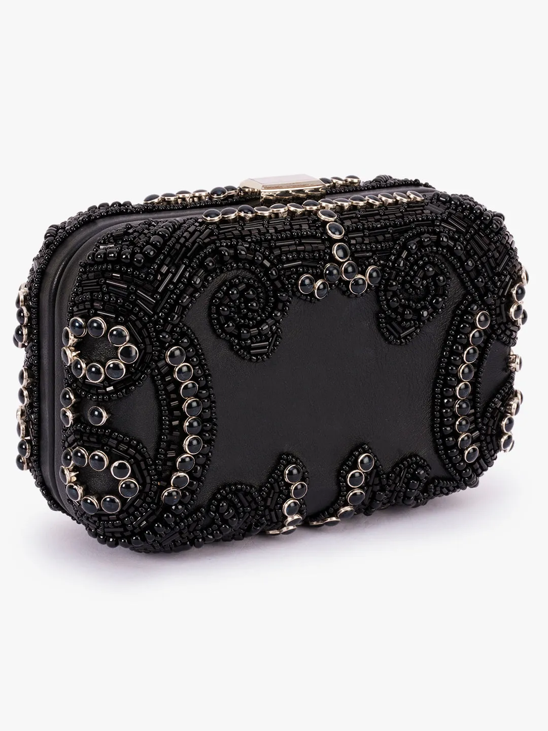 Stone Embellished Box Clutch In Genuine leather