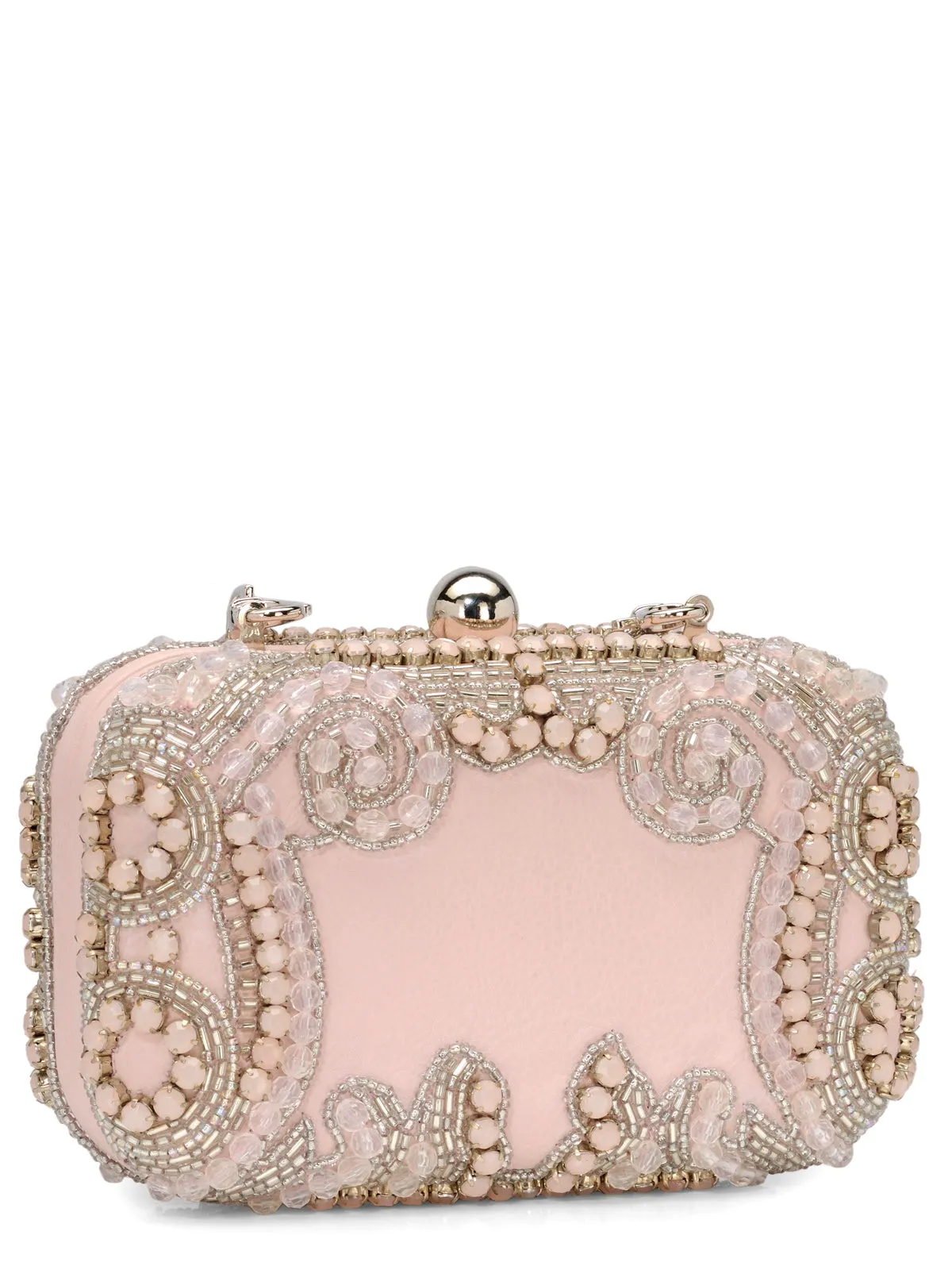 Stone Embellished Box Clutch In Genuine Leather