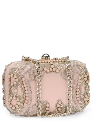 Stone Embellished Box Clutch In Genuine Leather
