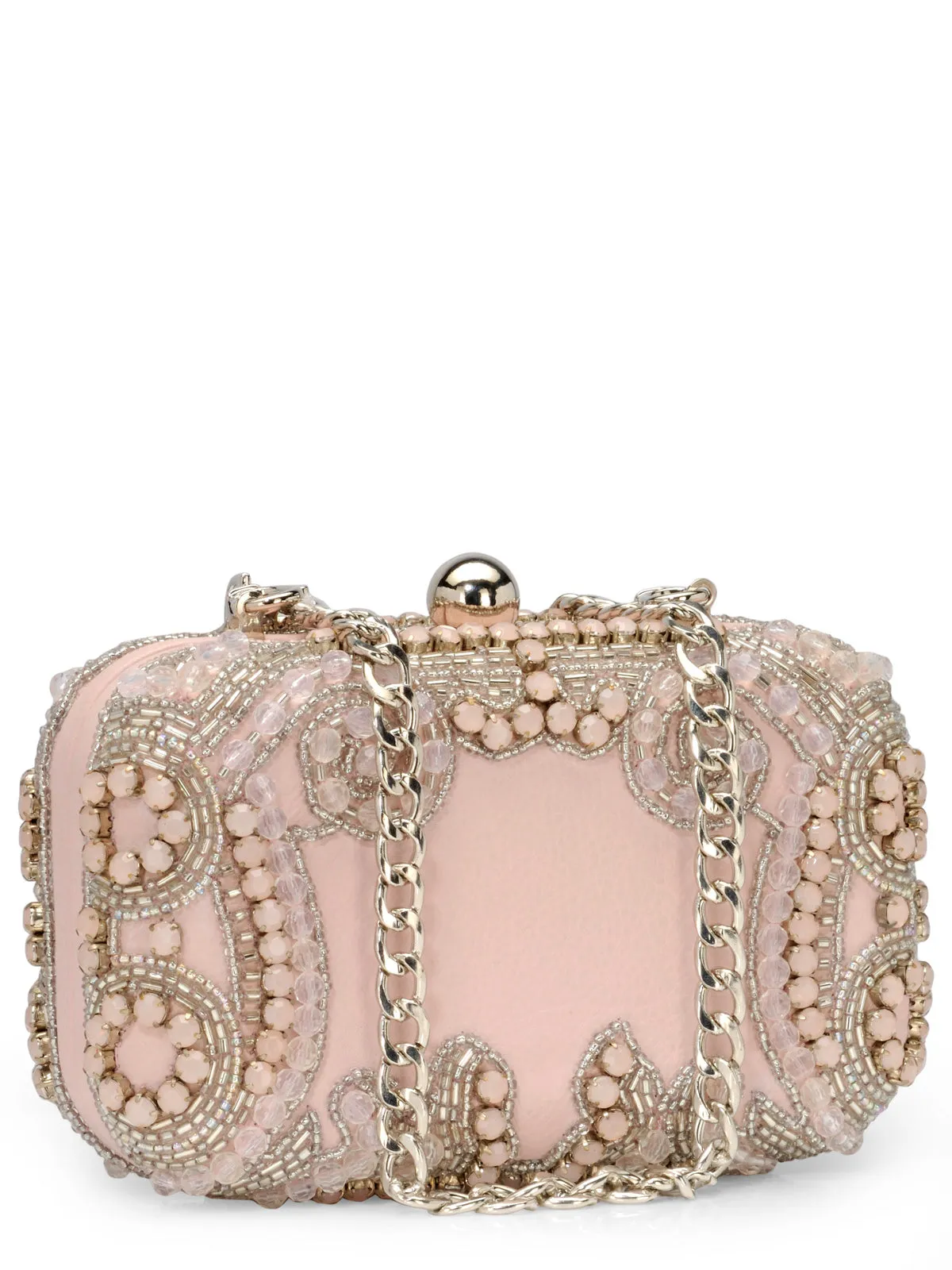 Stone Embellished Box Clutch In Genuine Leather