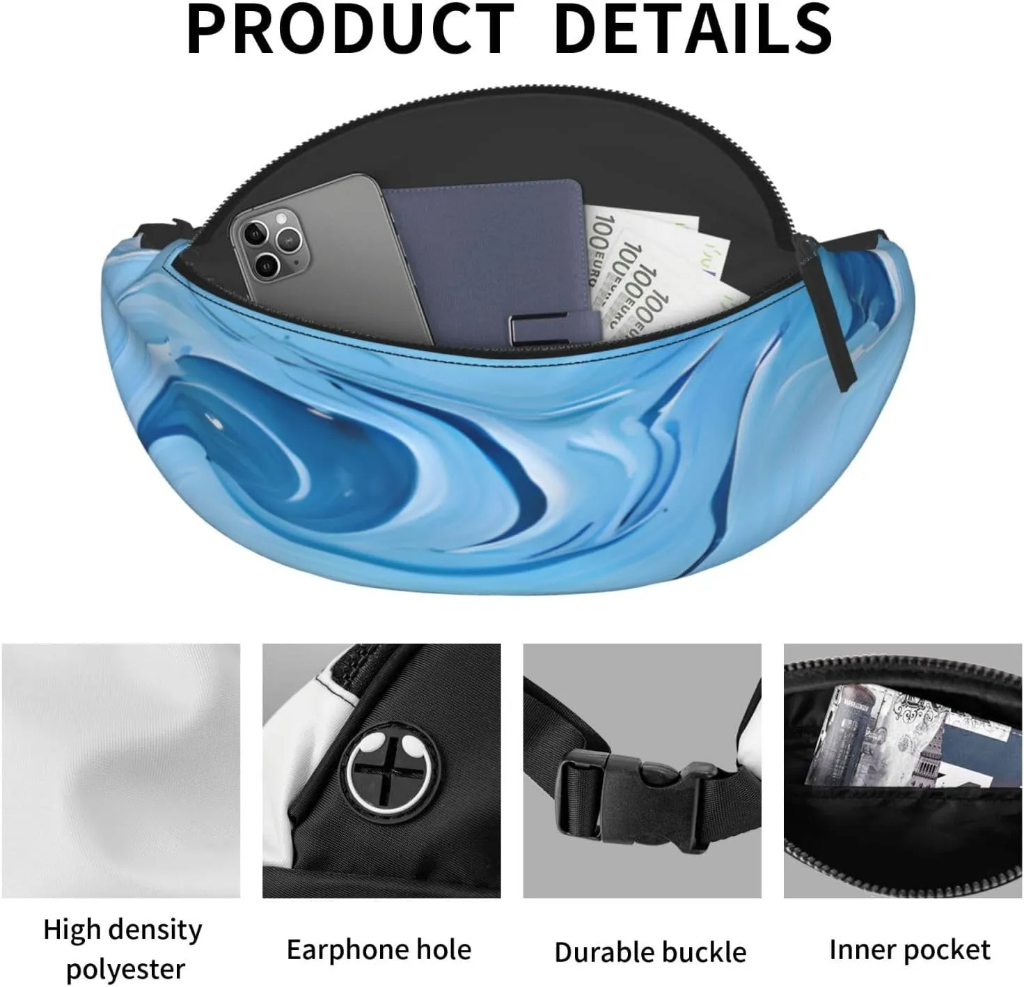 Stylish 3d Blue Art Bumbags Waist Fanny Pack For Women Ladies Men Lightweight Bum Bag With Zip Pockets Adjustable Belt For Dog Walking Running Cycling Hiking Outdoor Sport