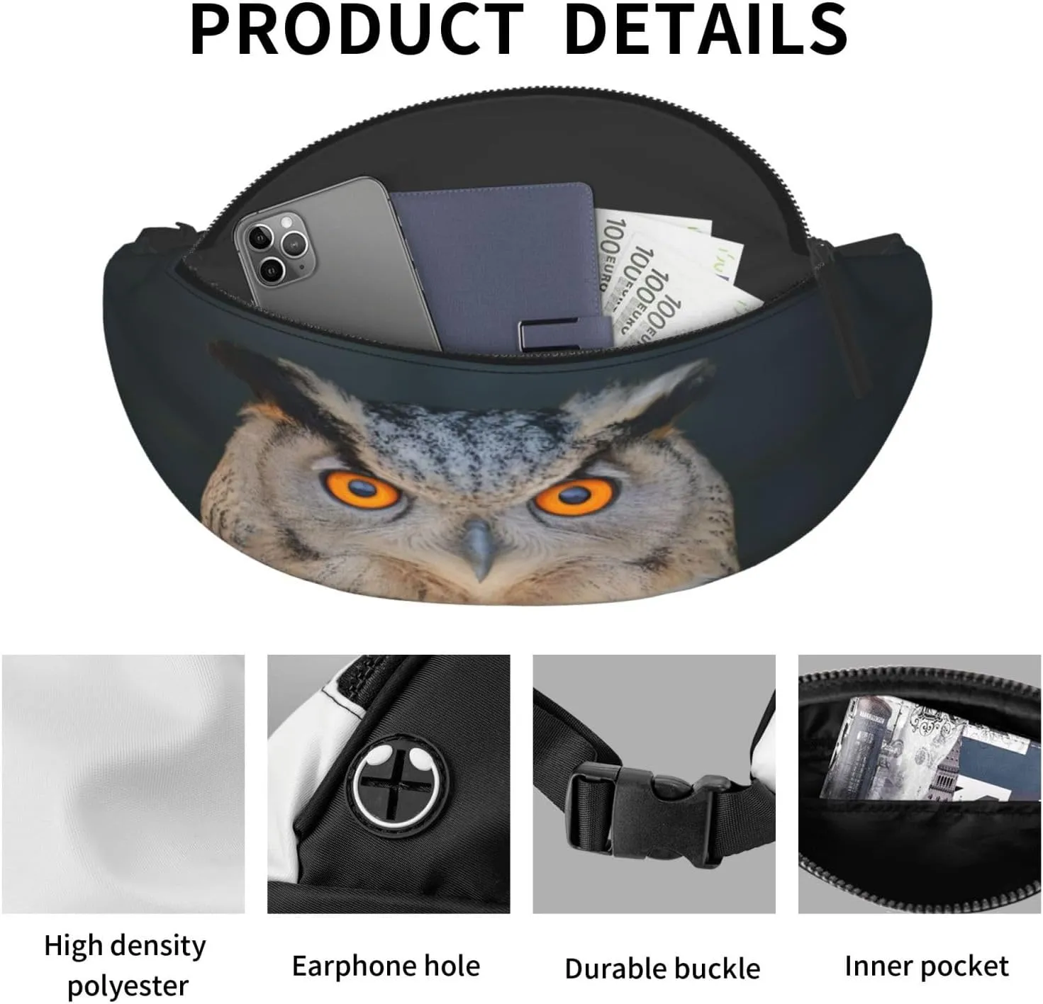 Stylish 3d Blue Owl Bumbags Waist Fanny Pack For Women Ladies Men Lightweight Bum Bag With Zip Pockets Adjustable Belt For Dog Walking Running Cycling Hiking Outdoor Sport