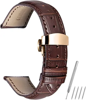 Stylish and elegant Watch Straps for Men Women, Watch Strap Calf Leather Bracelet Belt Rose Gold Deployment Buckle(Brown,18mm)