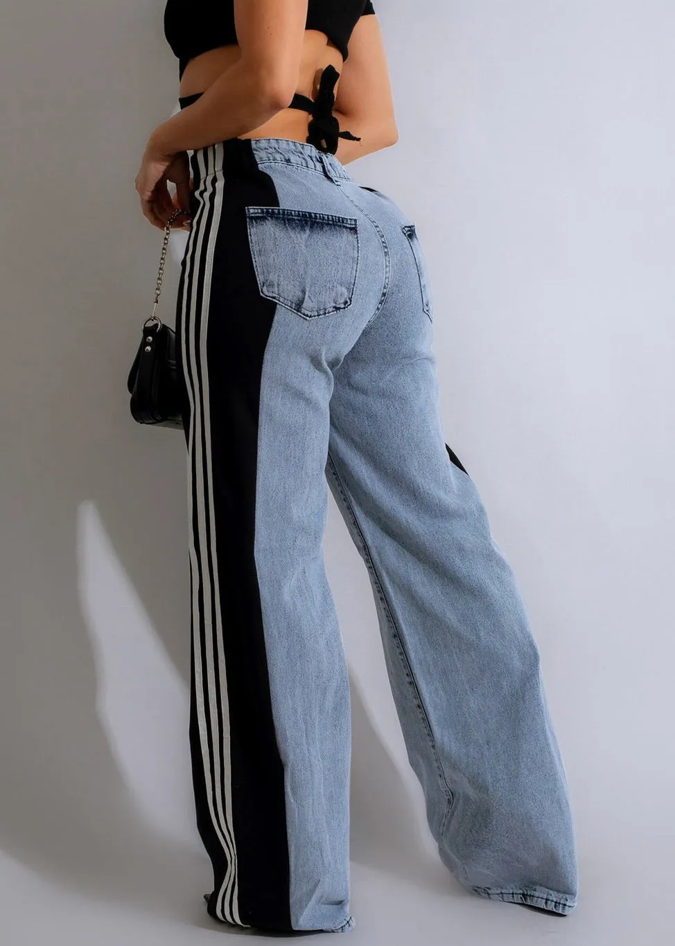 Stylish Black Striped Patchwork Denim Pants Spring