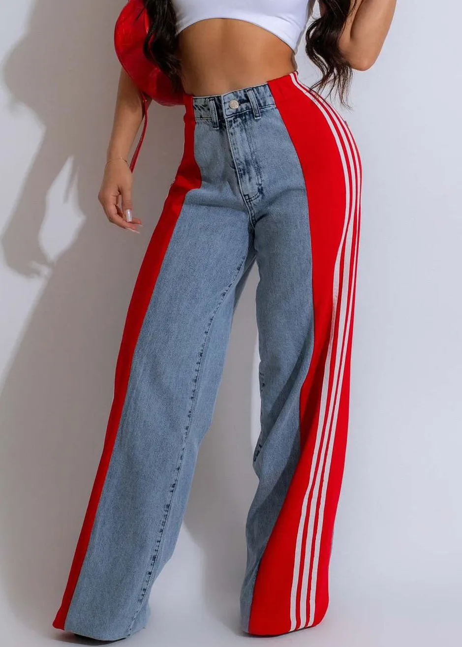 Stylish Black Striped Patchwork Denim Pants Spring