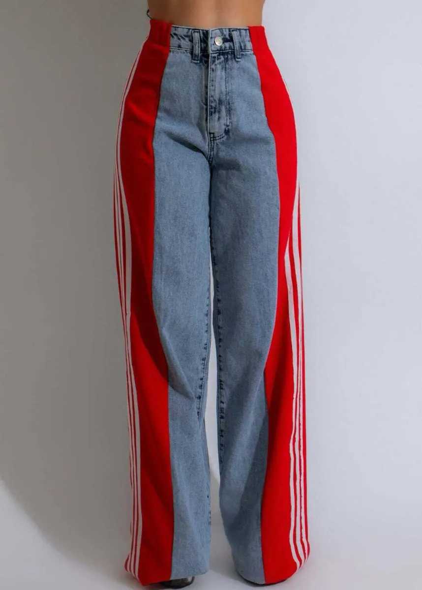 Stylish Black Striped Patchwork Denim Pants Spring