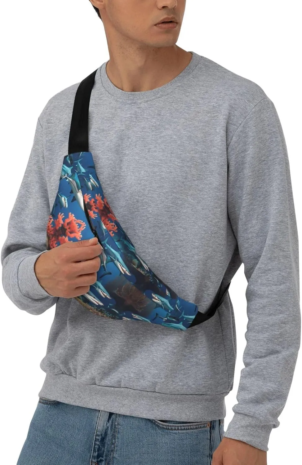 Submarine Shark Coral Print Large Crossbody Fanny Pack, Cute Waterproof Waist Pack Belt Bag For Men, Women, Stylish Running Accessory