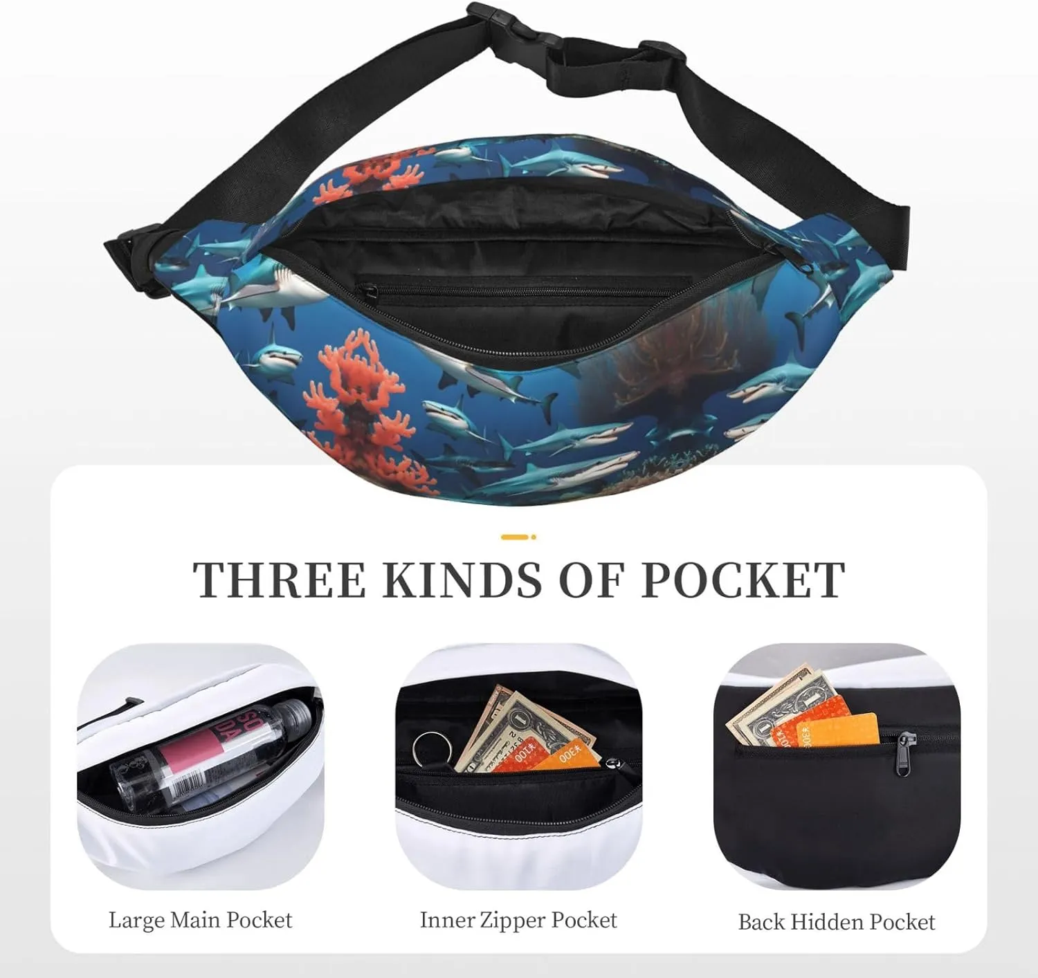 Submarine Shark Coral Print Large Crossbody Fanny Pack, Cute Waterproof Waist Pack Belt Bag For Men, Women, Stylish Running Accessory