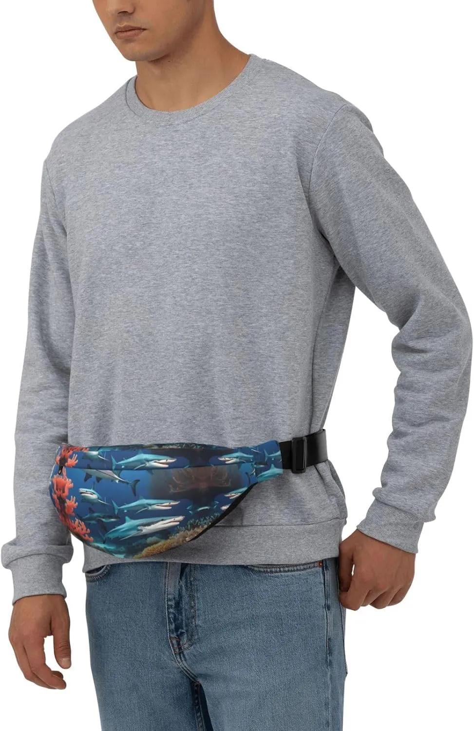 Submarine Shark Coral Print Large Crossbody Fanny Pack, Cute Waterproof Waist Pack Belt Bag For Men, Women, Stylish Running Accessory