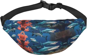 Submarine Shark Coral Print Large Crossbody Fanny Pack, Cute Waterproof Waist Pack Belt Bag For Men, Women, Stylish Running Accessory