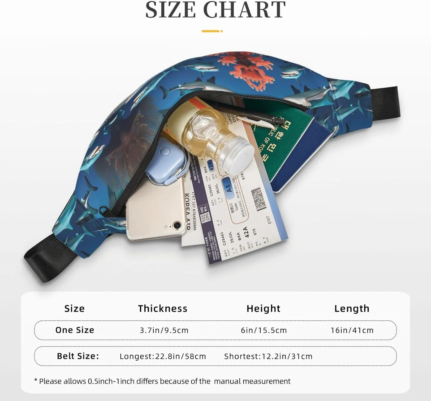 Submarine Shark Coral Print Large Crossbody Fanny Pack, Cute Waterproof Waist Pack Belt Bag For Men, Women, Stylish Running Accessory