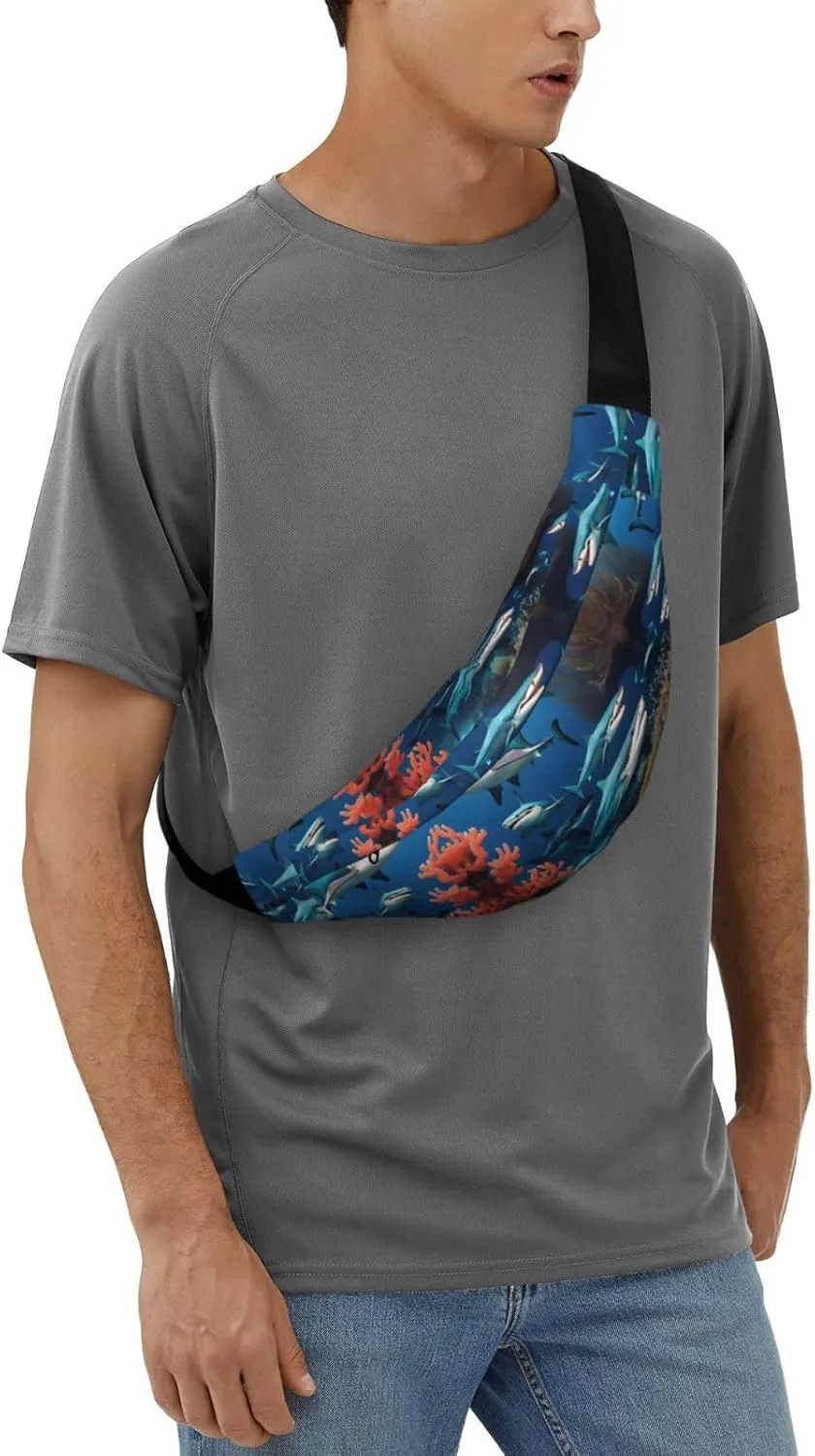 Submarine Shark Coral Print Large Crossbody Fanny Pack, Cute Waterproof Waist Pack Belt Bag For Men, Women, Stylish Running Accessory