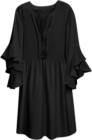 Summer Beach Vacation Dresses for Women Elegant Dressy Ruffled 3/4 Sleeve Notch V Neck Pleated Flowy Swing Mini Dress