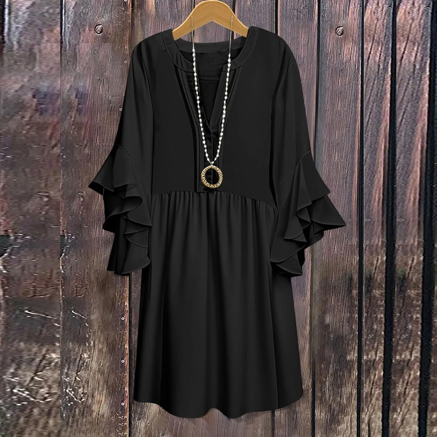 Summer Beach Vacation Dresses for Women Elegant Dressy Ruffled 3/4 Sleeve Notch V Neck Pleated Flowy Swing Mini Dress