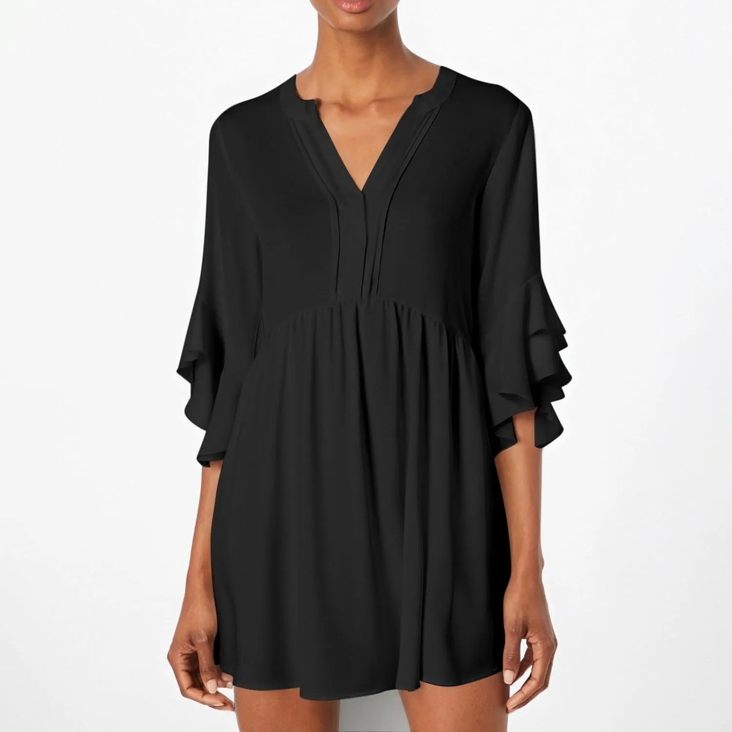 Summer Beach Vacation Dresses for Women Elegant Dressy Ruffled 3/4 Sleeve Notch V Neck Pleated Flowy Swing Mini Dress
