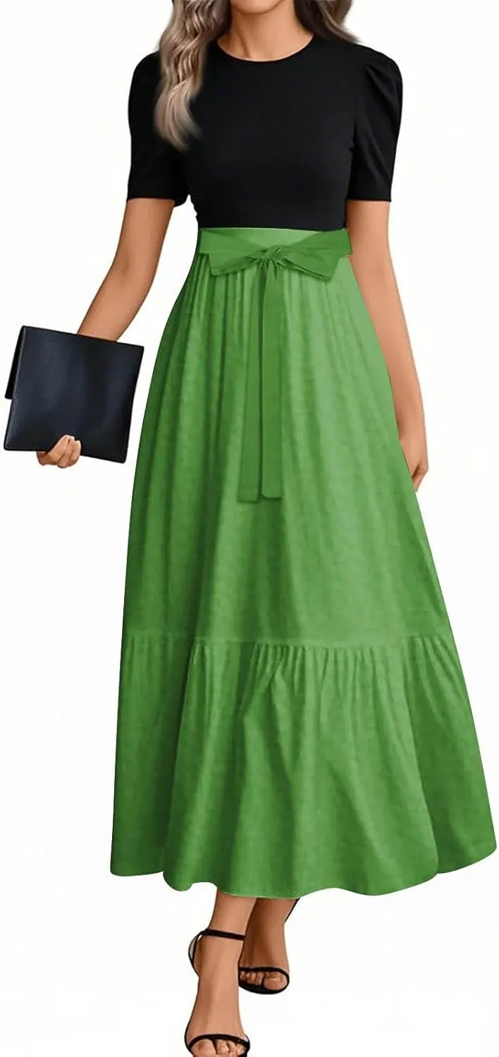 Summer Dresses for Women 2025 Patchwork Wrap Short Sleeve Maxi Dress Empire Waist Floral Print Ruffle Hem Flowy Dress