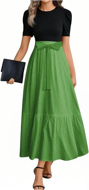Summer Dresses for Women 2025 Patchwork Wrap Short Sleeve Maxi Dress Empire Waist Floral Print Ruffle Hem Flowy Dress