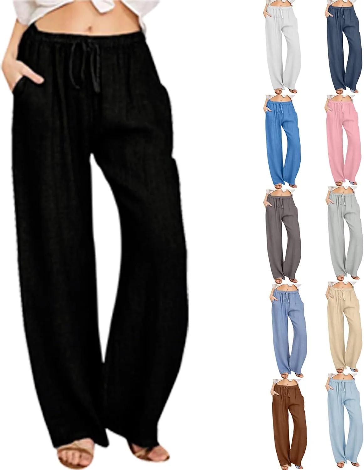 Summer Pants for Women Casual 2024 Summer Drawstring Elastic High Waist Linen Pant Straight Wide Leg Cropped Trousers