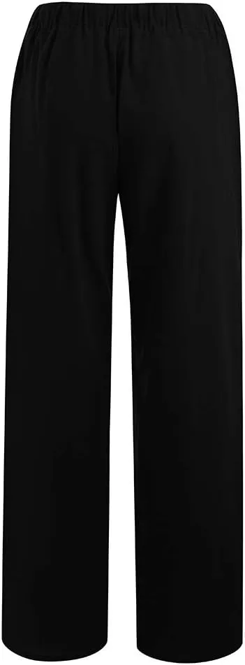 Summer Pants for Women Casual 2024 Summer Drawstring Elastic High Waist Linen Pant Straight Wide Leg Cropped Trousers