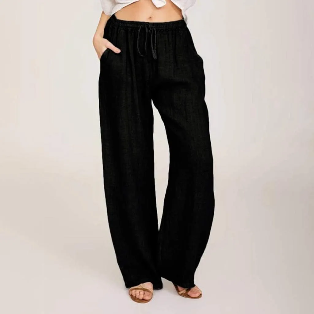 Summer Pants for Women Casual 2024 Summer Drawstring Elastic High Waist Linen Pant Straight Wide Leg Cropped Trousers