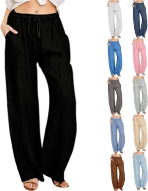 Summer Pants for Women Casual 2024 Summer Drawstring Elastic High Waist Linen Pant Straight Wide Leg Cropped Trousers