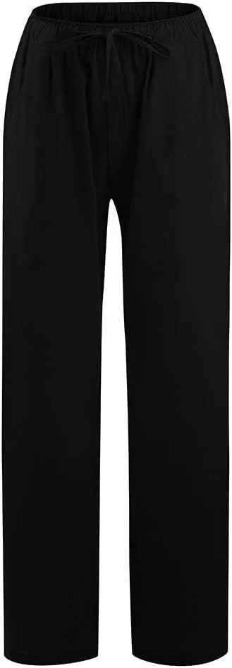 Summer Pants for Women Casual 2024 Summer Drawstring Elastic High Waist Linen Pant Straight Wide Leg Cropped Trousers