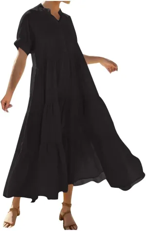 Summer Pleated Ruffle Hem Dresses for Womens Short Sleeve V Neck Dress A Line Midi Skirt Beach Cocktail Party Wear