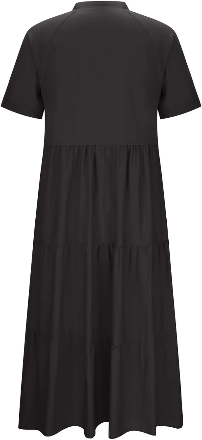 Summer Pleated Ruffle Hem Dresses for Womens Short Sleeve V Neck Dress A Line Midi Skirt Beach Cocktail Party Wear