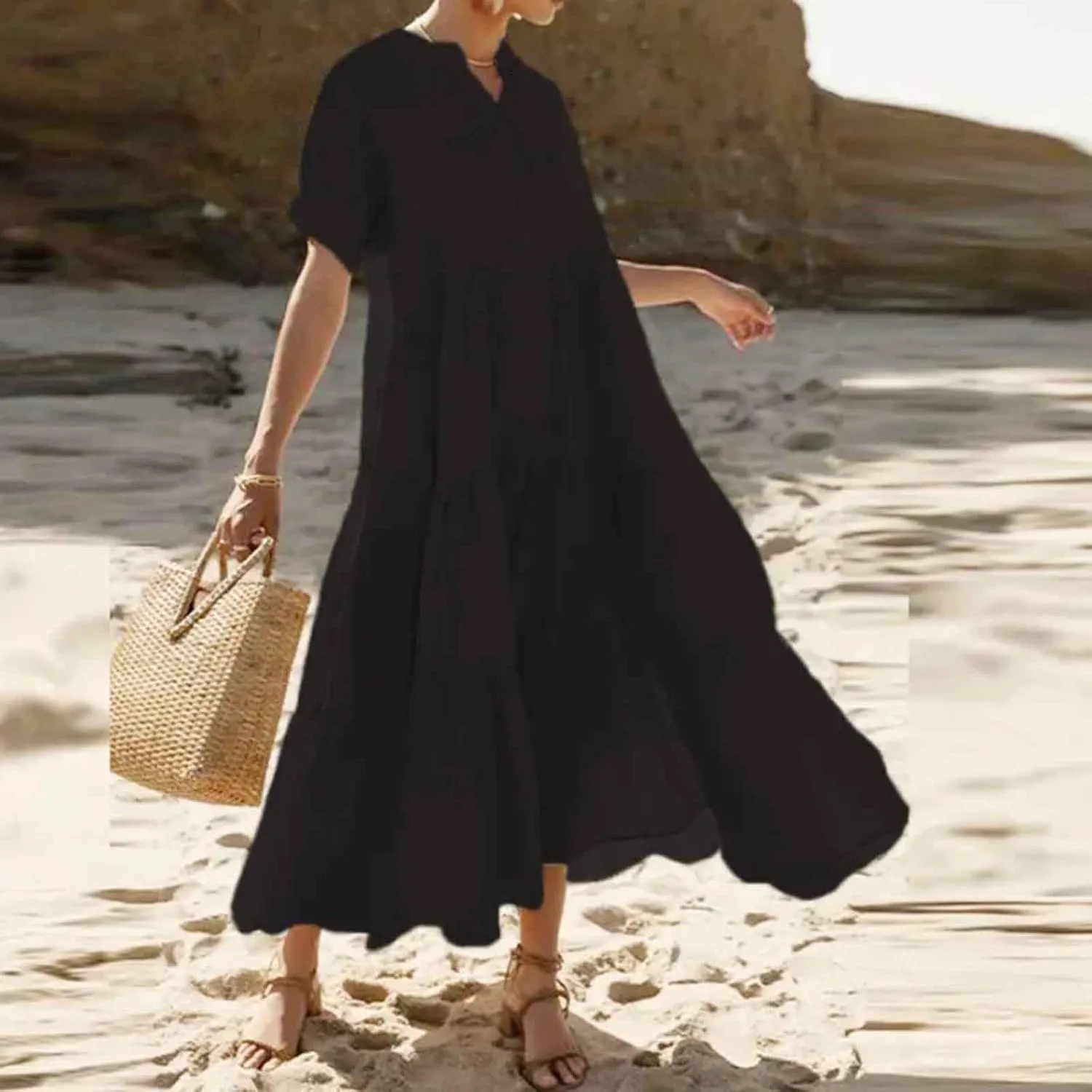 Summer Pleated Ruffle Hem Dresses for Womens Short Sleeve V Neck Dress A Line Midi Skirt Beach Cocktail Party Wear