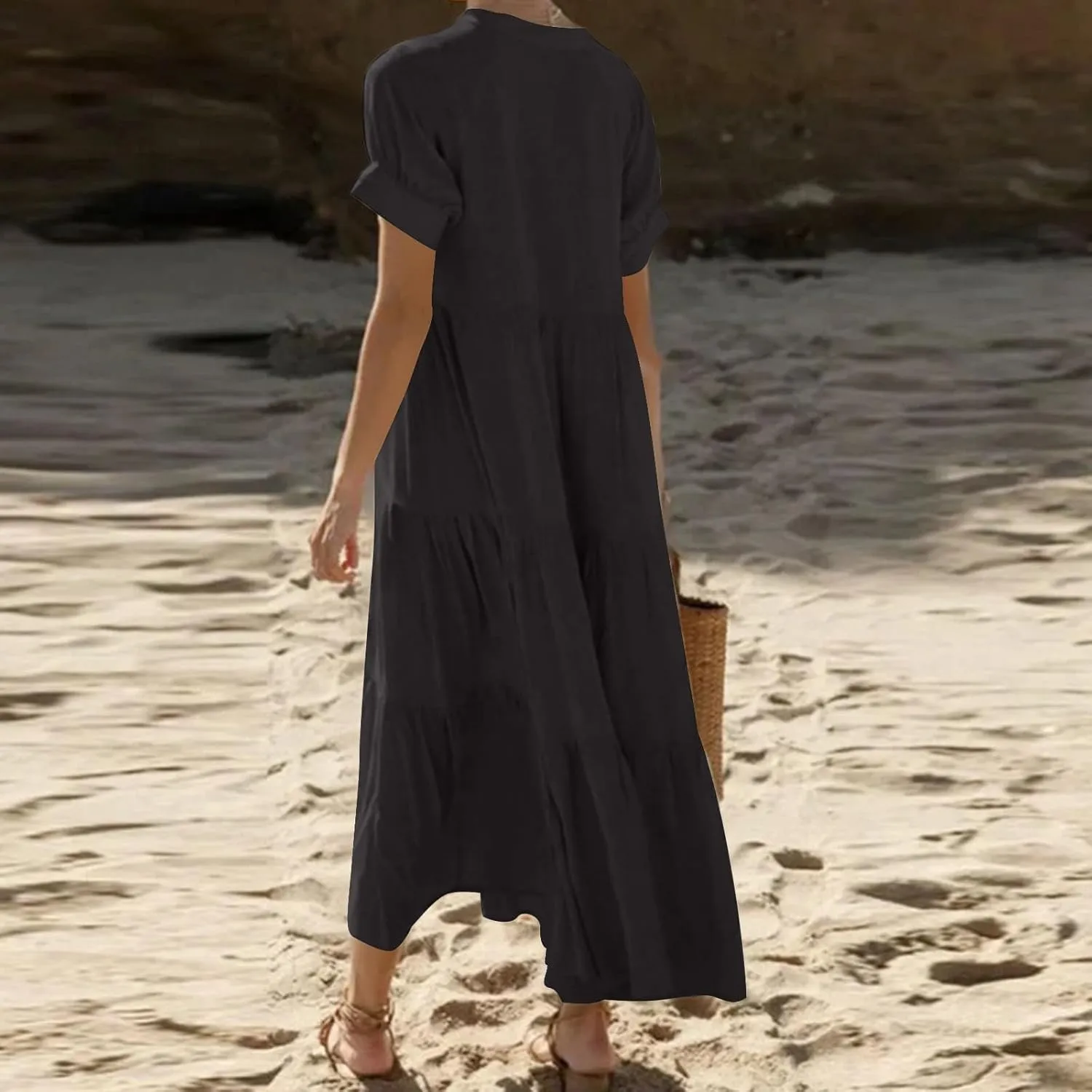 Summer Pleated Ruffle Hem Dresses for Womens Short Sleeve V Neck Dress A Line Midi Skirt Beach Cocktail Party Wear