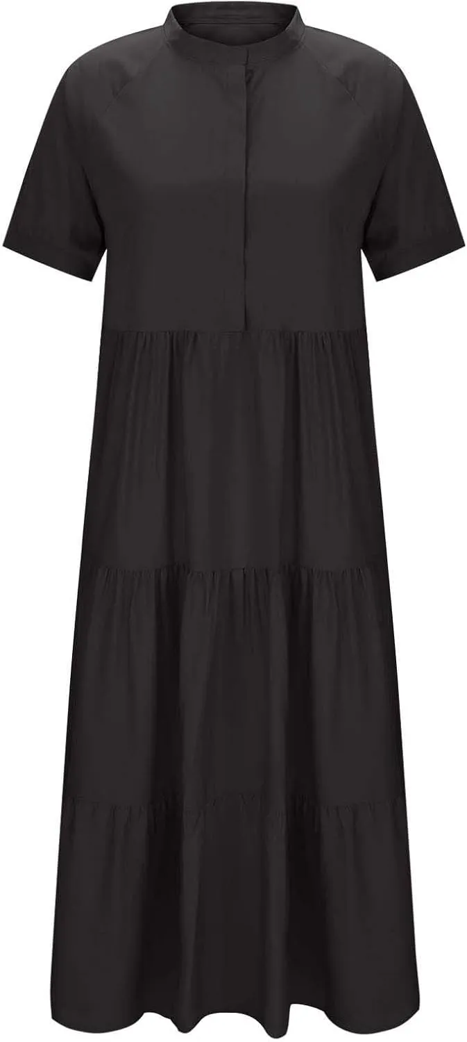 Summer Pleated Ruffle Hem Dresses for Womens Short Sleeve V Neck Dress A Line Midi Skirt Beach Cocktail Party Wear