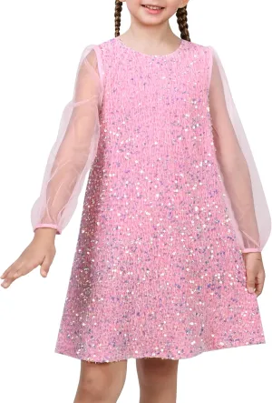Sunny Fashion Girls Dress Black Sequin Sheer Mesh Long Sleeve Party Elegant Ball Gown
