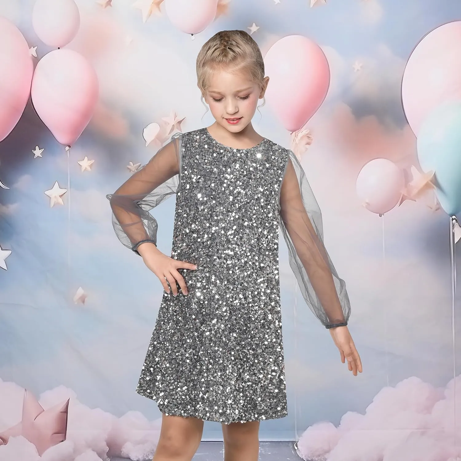 Sunny Fashion Girls Dress Black Sequin Sheer Mesh Long Sleeve Party Elegant Ball Gown