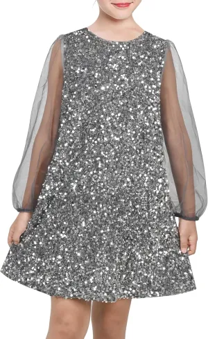 Sunny Fashion Girls Dress Black Sequin Sheer Mesh Long Sleeve Party Elegant Ball Gown