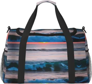 Sunset and Sunrise with Ocean Sea Waves Travel Tote Bag – Large Reusable Shopping Bag, Vacation Tote, Sports Duffel Bag with Adjustable Crossbody Strap