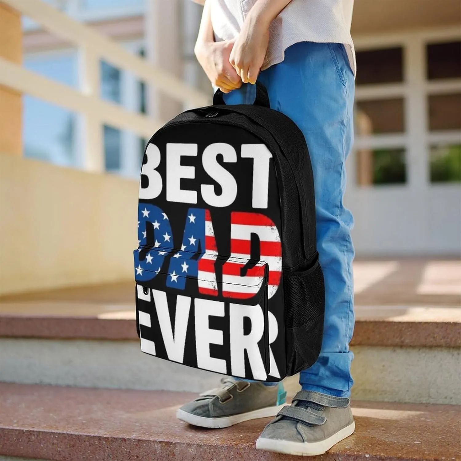 Supdreamc Men Women Lightweight American Flag Best Dad Ever Backpack Large Capacity Bookbag With Smooth Zippers for Gym Business Running