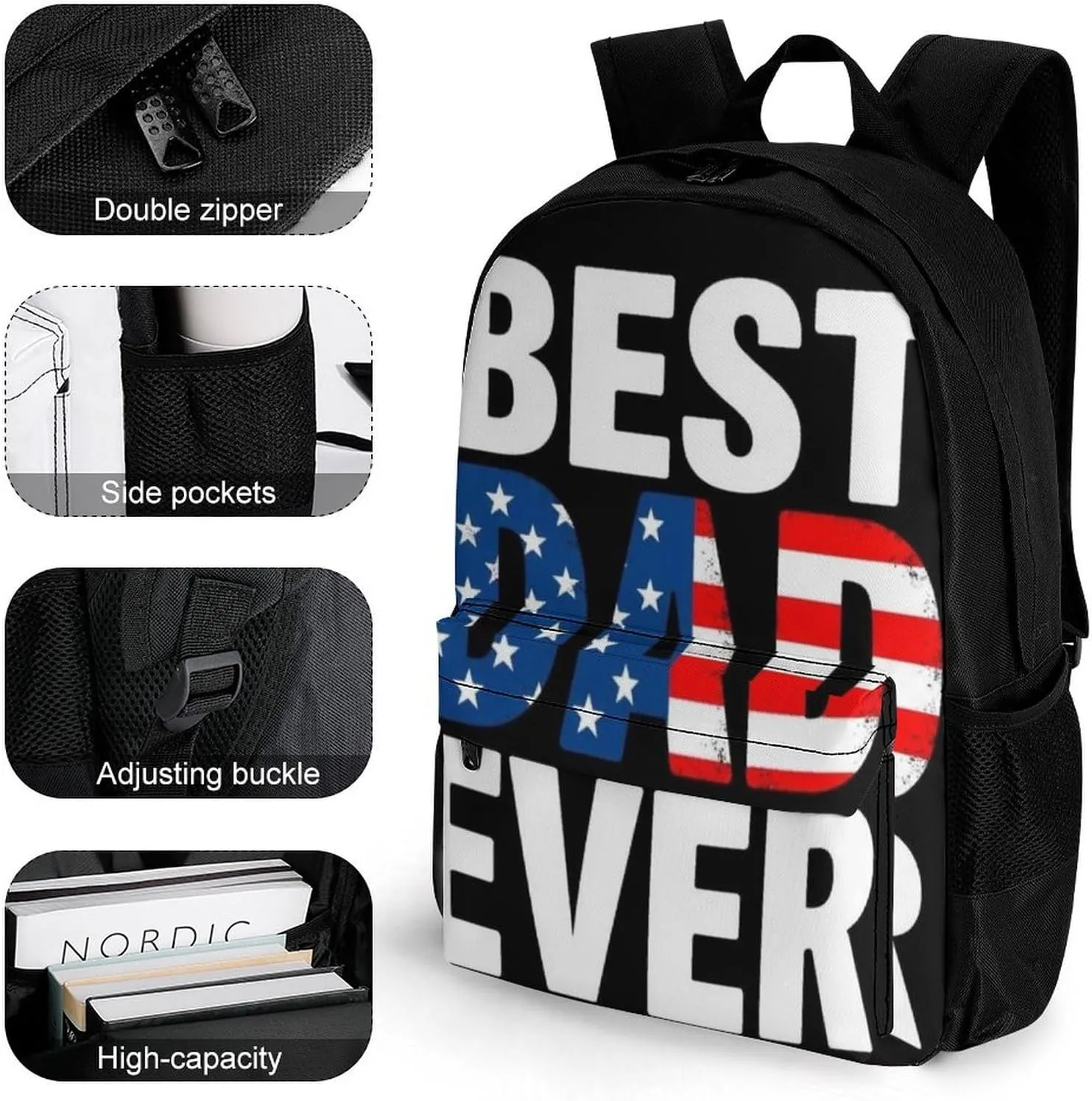 Supdreamc Men Women Lightweight American Flag Best Dad Ever Backpack Large Capacity Bookbag With Smooth Zippers for Gym Business Running