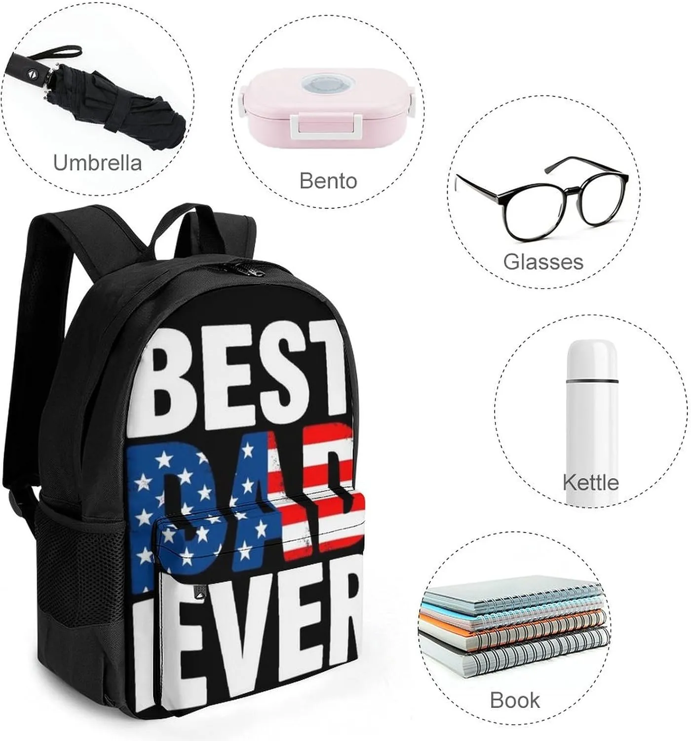 Supdreamc Men Women Lightweight American Flag Best Dad Ever Backpack Large Capacity Bookbag With Smooth Zippers for Gym Business Running