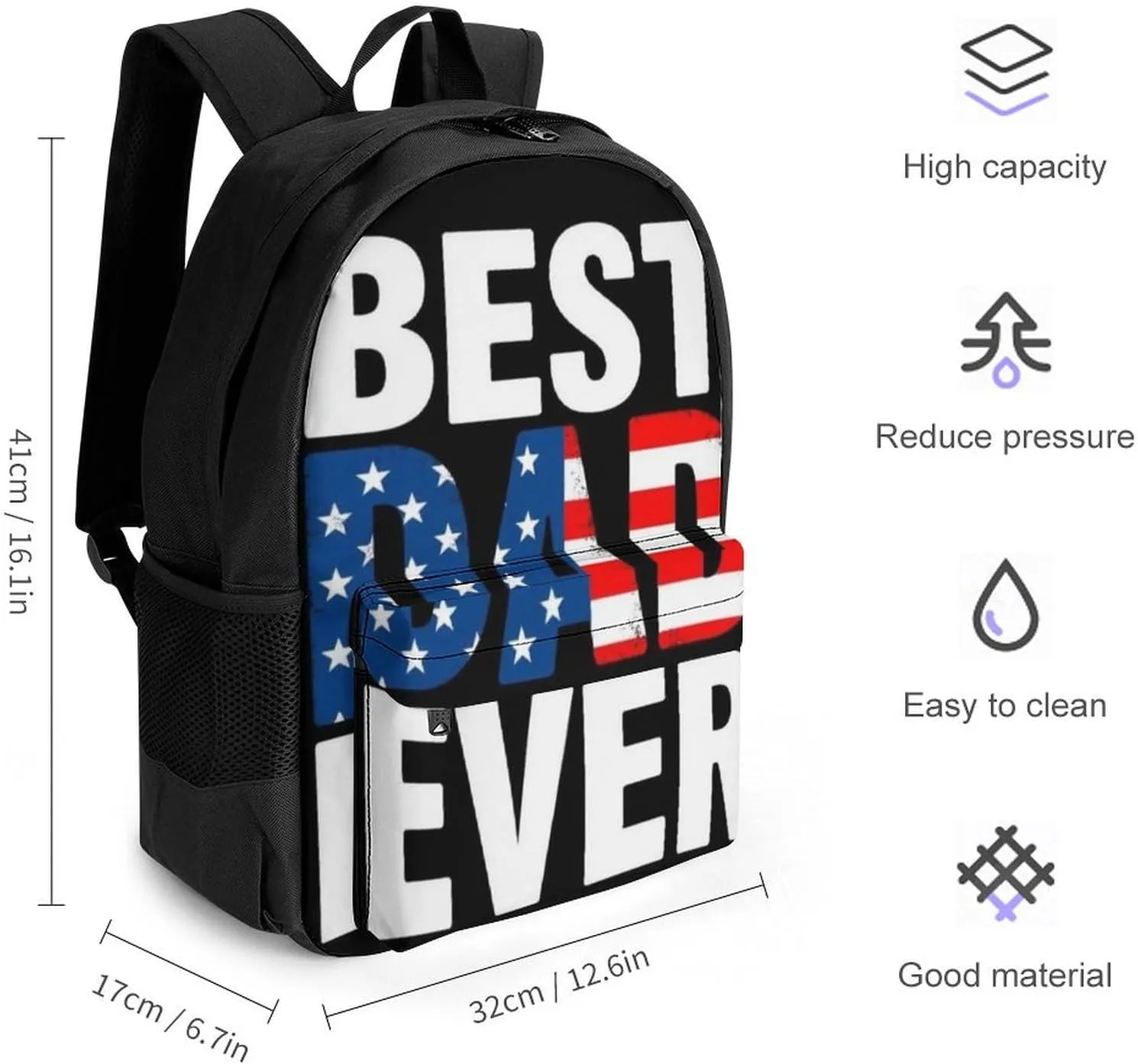 Supdreamc Men Women Lightweight American Flag Best Dad Ever Backpack Large Capacity Bookbag With Smooth Zippers for Gym Business Running