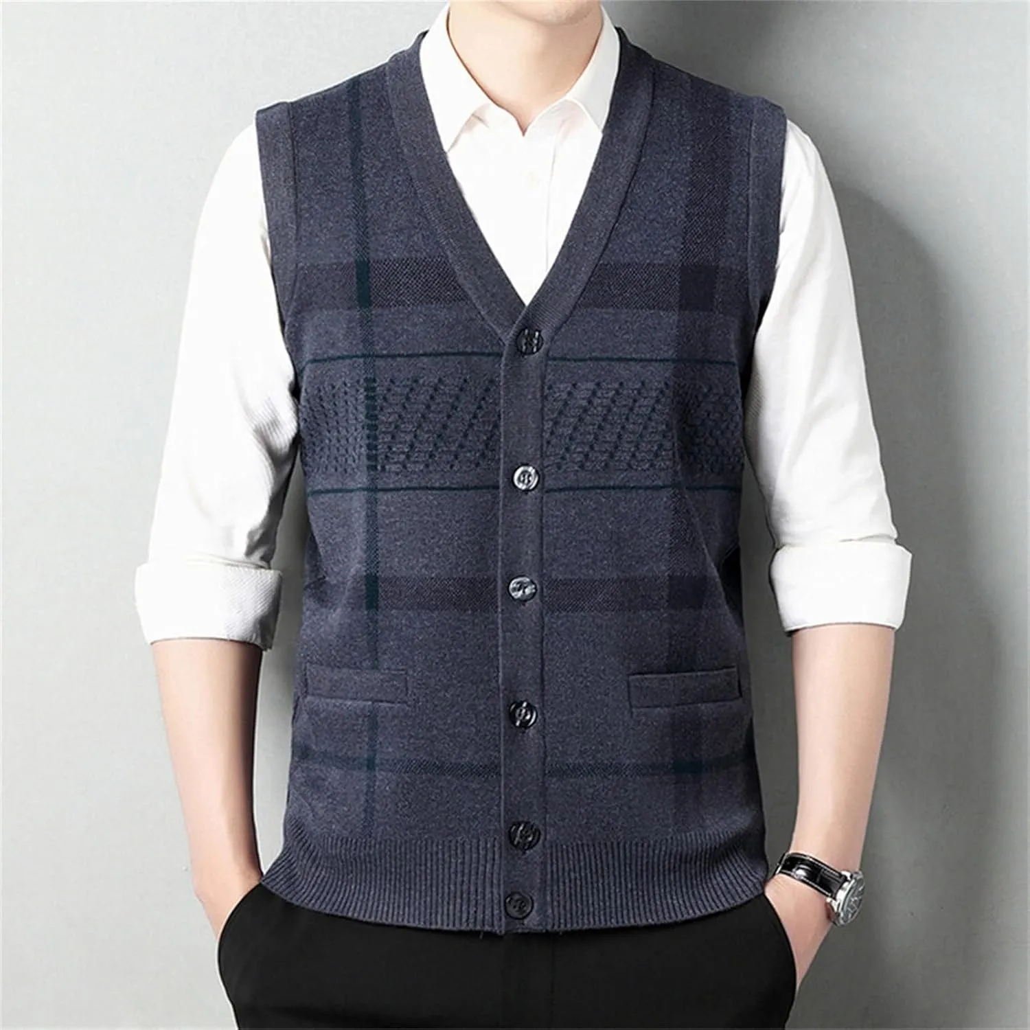 Sweater Vest for Men Sleeveless V Neck Button Down Knitwear Casual Slim Fit Striped Pullover Knit Sweater Fall Vests