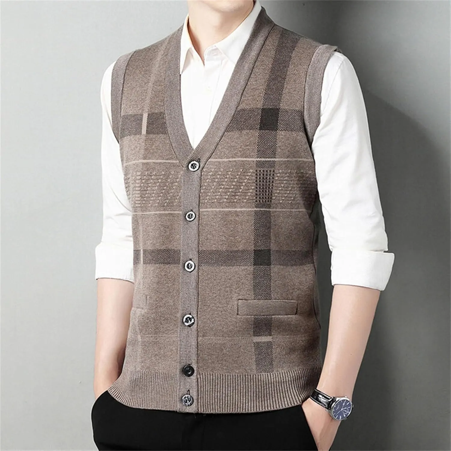 Sweater Vest for Men Sleeveless V Neck Button Down Knitwear Casual Slim Fit Striped Pullover Knit Sweater Fall Vests