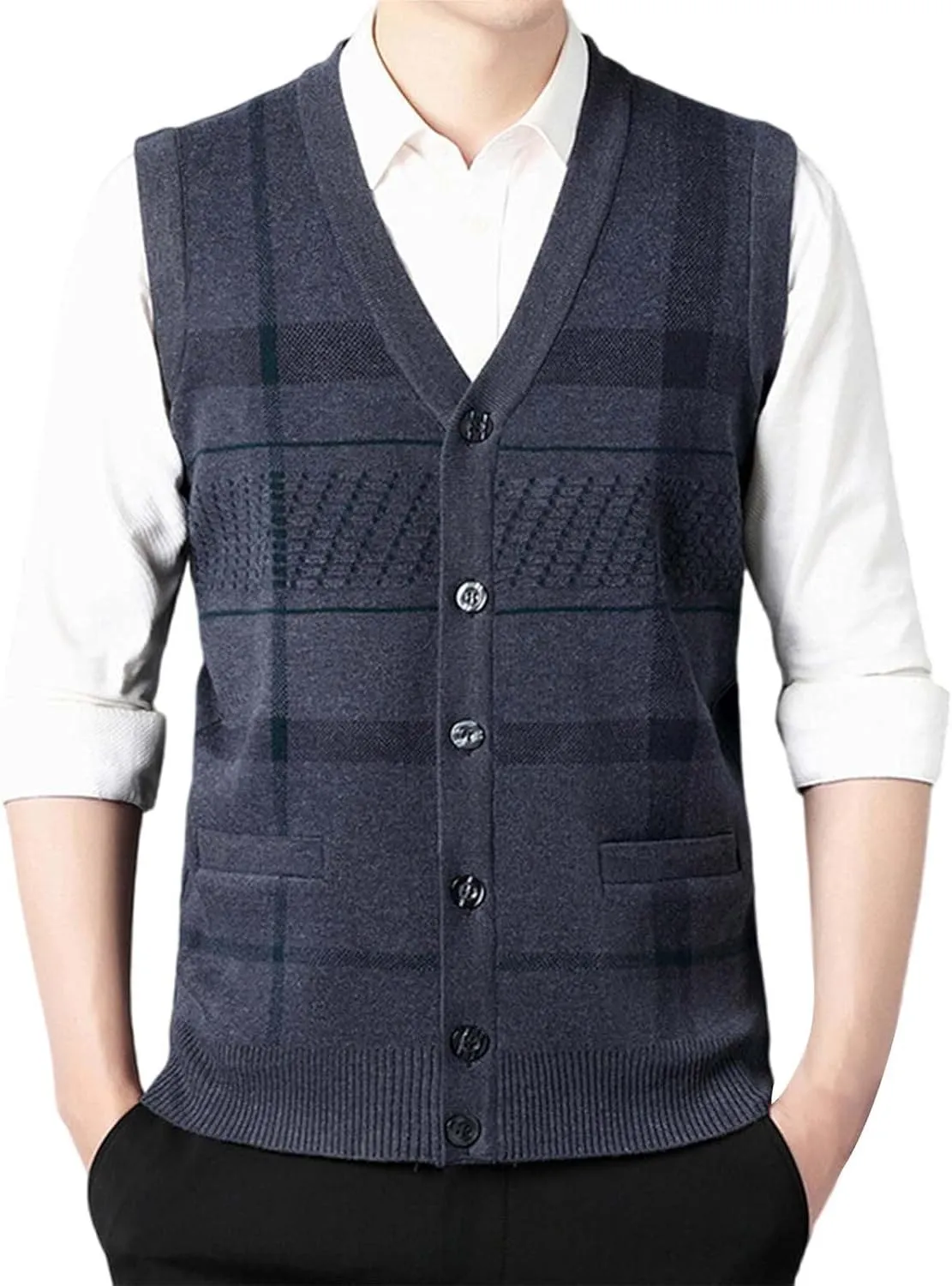Sweater Vest for Men Sleeveless V Neck Button Down Knitwear Casual Slim Fit Striped Pullover Knit Sweater Fall Vests