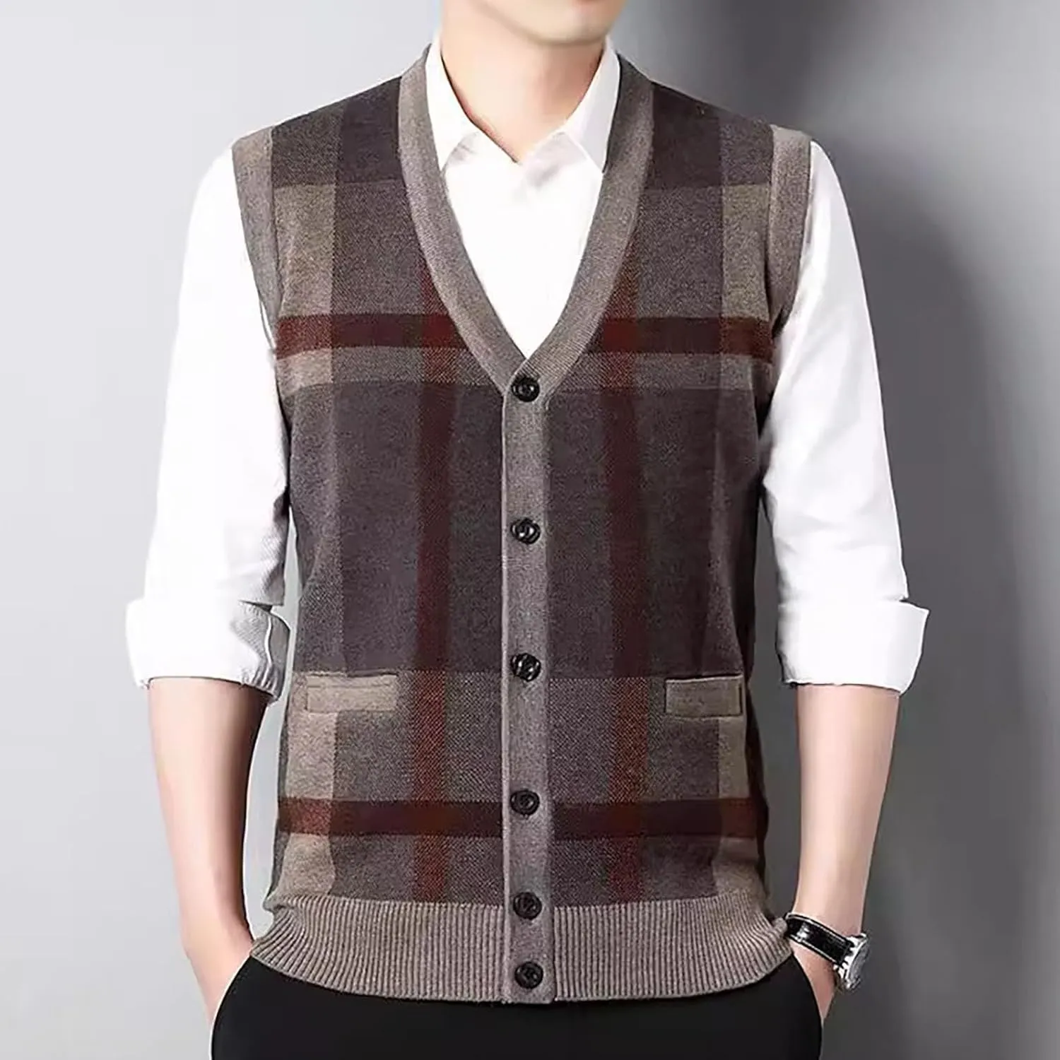 Sweater Vest for Men Sleeveless V Neck Button Down Knitwear Casual Slim Fit Striped Pullover Knit Sweater Fall Vests