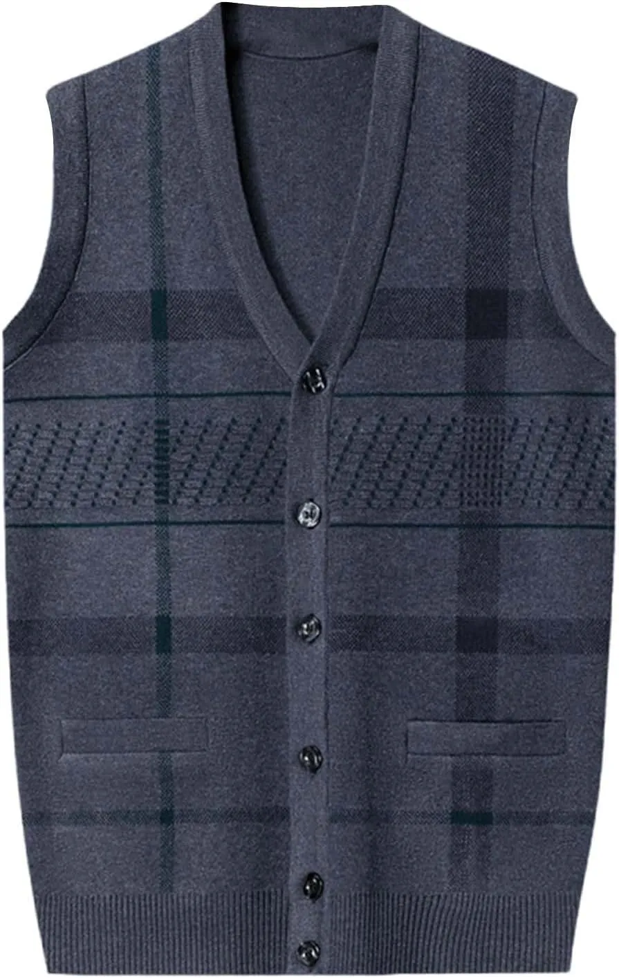 Sweater Vest for Men Sleeveless V Neck Button Down Knitwear Casual Slim Fit Striped Pullover Knit Sweater Fall Vests
