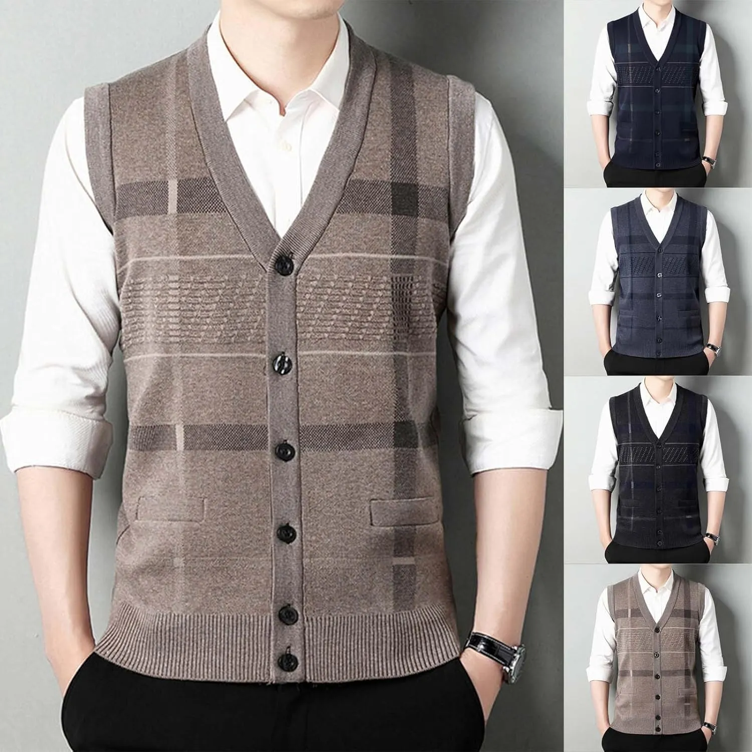 Sweater Vest for Men Sleeveless V Neck Button Down Knitwear Casual Slim Fit Striped Pullover Knit Sweater Fall Vests